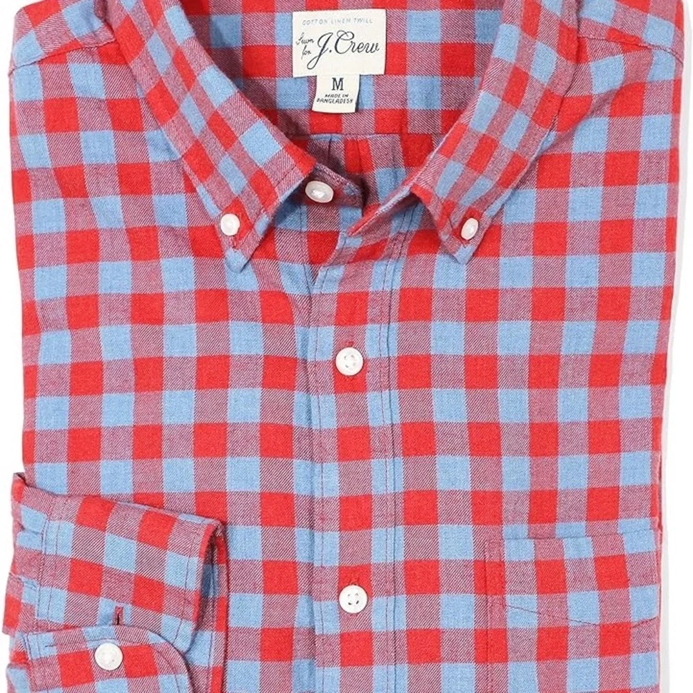 J. Crew | NWOT Cotton Linen Slim Red & Light Blue Gingham Button-Down Shirt (M)